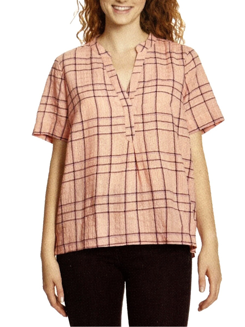 NWT Gloria Vanderbilt Pink Plaid Split V-Neck Short Sleeve Top XL